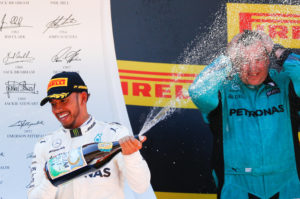 Formula One - F1 - Spanish Grand Prix - Barcelona-Catalunya racetrack, Montmelo Spain - 14/05/17 - Mercedes' Lewis Hamilton celebrates on the podium. REUTERS/Juan Medina
