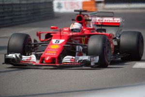 Ferrari's German driver Sebastian Vettel drives during the second practice session at the Monaco street circuit on May 25, 2017 in Monaco, three days ahead of the Monaco Formula 1 Grand Prix. / AFP PHOTO / BERTRAND LANGLOIS