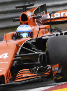 Mclaren driver Fernando Alonso of Spain steers his car during the second practice session ahead of the Belgian Formula One Grand Prix in Spa-Francorchamps, Belgium, Friday, Aug. 25, 2017. (AP Photo/Geert Vanden Wijngaert)
