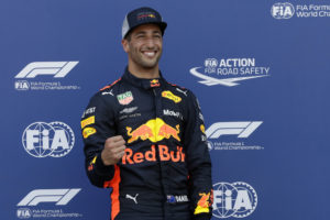 Pole position winner Red Bull driver Daniel Ricciardo of Australia celebrates at the end of the qualifying session for Sunday's Monaco Formula One Grand Prix at the Monaco racetrack, in Monaco, Saturday, May 26, 2018. (AP Photo/Claude Paris)