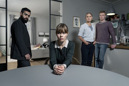 Ardalan Esmaili, Birgitte Hjort Sørensen, Tova Magnusson och Joachim Fjelstrup i "Gråzon". Foto: C More.