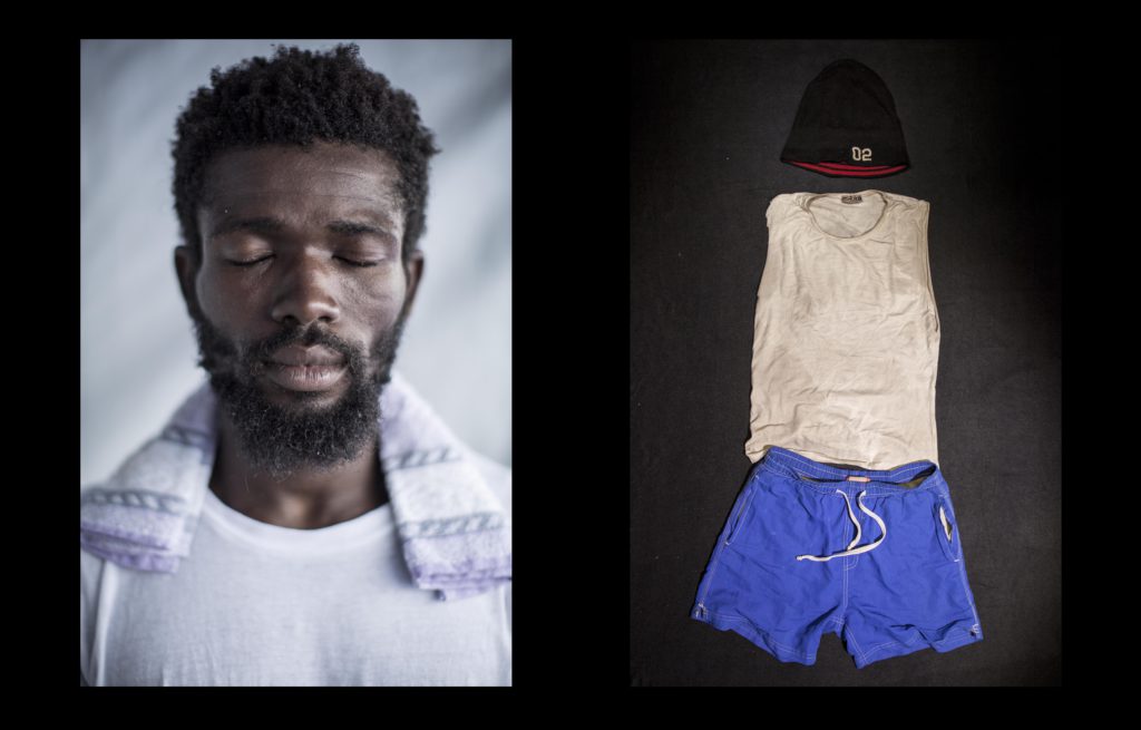 foto : narciso contreras : asamoa shia, ghana. 25 yo. aquarius sos med. july 24, 2017. asamoa shia made the trip towards europe on july 24, 2017. he was rescued with his wife and other 120 migrants off the libyan coast. while working in libya, he was arrested at home during a night raid carried out by an armed militia in tripoli. accordingly, with his testimony he spent over two months in a prison camp from where he managed to escape with other 15 migrants. he was smuggled in a dinghy boat from sabratah in the west coast of libya. ??so, i only had these clothes. the few clothes i had made me feel a little bit sharp, just in case i fall in the wrong hands. this is why i choose them. libya is a land of traps. maybe you believe that you are moving here looking for your own safety, but you never realize this is going to be a trap. because the ongoing fighting, because there is no government, and because there is nobody paying the salaries in libya. thus, everybody is using the black people, the bangladeshis and the foreigners to do