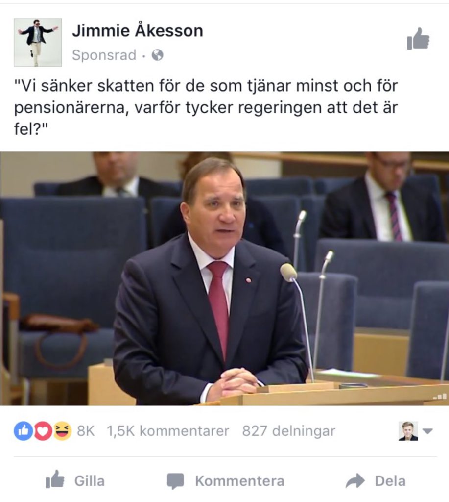 En så kallad "dark post" från Sverigedemokraterna. Inlägget har marknadsförts mot personer som "gillar" Socialdemokraterna på Facebook.